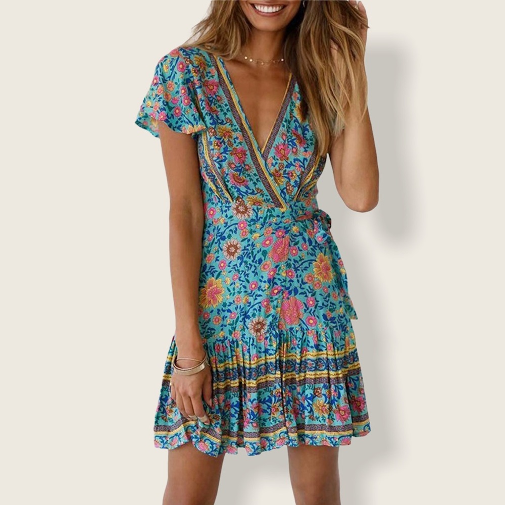 Bohemian Floral Summer Wrap Mini Dress Blue